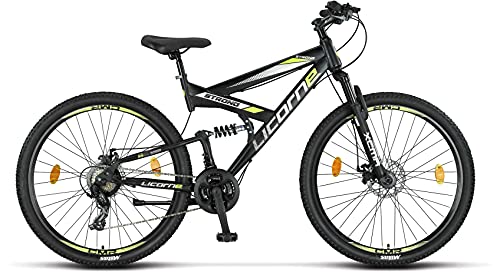 Licorne Bike Bicicleta de montaña Strong 2D, para niños, niñas, mujeres y hombres, freno de disco delantero y trasero, 21 velocidades, suspensión completa, negro/lima, 27,5 pulgadas