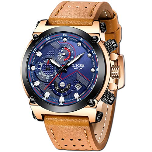 LIGE Relojes Hombre Militar Impermeable Deportes Analogicos Cuarzo Relojes Hombre Lujo Azul Automática Fecha Cuero Relojes