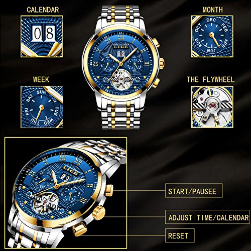 LIGE Relojes Hombre Moda Acero Inoxidable Impermeables Mecánico Automático Reloj Hombre Lujoso Comercio Cronógrafo Calendario Militar Deportivo Luminoso Casual con Números Romanos Dial