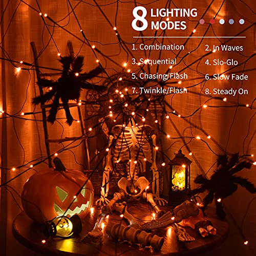 Luz de araña de Halloween con araña negra, 80 luces LED de color naranja con 8 modos, enchufe en las ventanas de Halloween y araña negra para Halloween, fiesta, dormitorio, bar, casa encantada