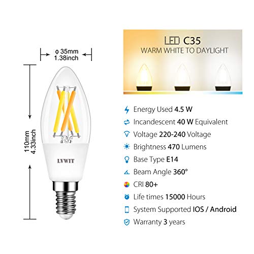 LVWIT Bombillas Inteligente LED Vela Filamento WiFi Regulable 4.5W 470 LM, Lámpara E14 Bombilla Funciona con Alexa, Google Home Assistant y App Smart Life/Tuya, C35 Equivalente a 40W, 2 Pcs.