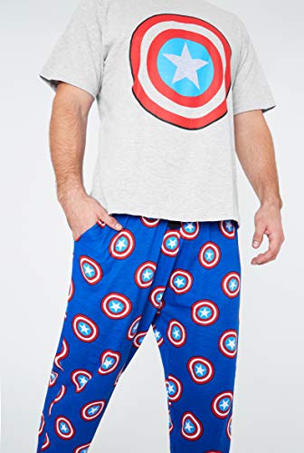 Marvel Pijama Hombre Verano, Ropa Hombre de Algodon, Conjunto de 2 Piezas con Estampado del Escudo Capitan America, Regalos para Hombre y Chico Adolescente (L)