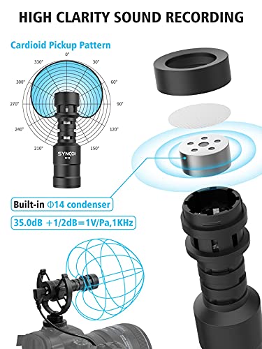 Micrófono Cámara Reflex, SYNCO M1S Shotgun Microphone Condensador Direccional Cardioide para DSLR, Móvil, Vídeocamara, Tablet y Laptop, Micrófono-Cámara-Reflex-DSLR-Externo