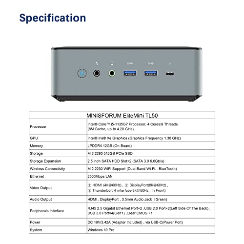 Mini PC Core i5-1135G7 | 12GB RAM 512GB SSD | Iris XE Gráficos 1.30 GHz | Dual WiFi Bluetooth | HDMI/DisplayPort/Thunderbolt 4 8K@60Hz | 2X rj45 2.5g | 6X USB Puertos