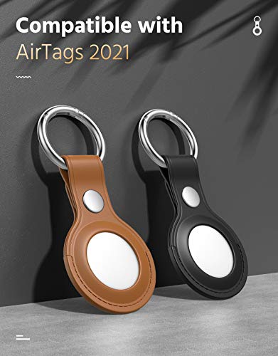 MoKo [2 PZS Funda Protectora para AirTags 2021 Key Finder, Soporte de Rastreador de Cuero Auténtico con Llavero, Cubierta de Protección para AirTags 2021 Bluetooth Tracker, Negro + Marrón