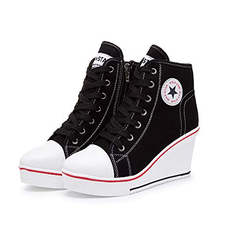 Mujer Cuñas Zapatos 35-43 EU De Lona High-Top Tacón 7 CM Zapatos Casuales Talla Grande Zapatillas de Cuña para Mujer Zapatillas de Deporte Zapatillas Altas Primavera/Verano Tacón Cuña