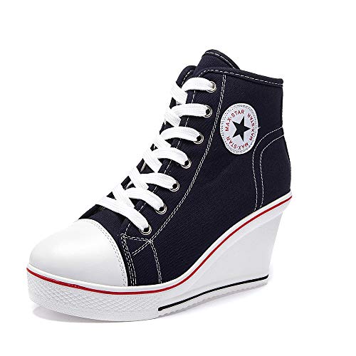 Mujer Cuñas Zapatos 35-43 EU De Lona High-Top Tacón 7 CM Zapatos Casuales Talla Grande Zapatillas de Cuña para Mujer Zapatillas de Deporte Zapatillas Altas Primavera/Verano Tacón Cuña