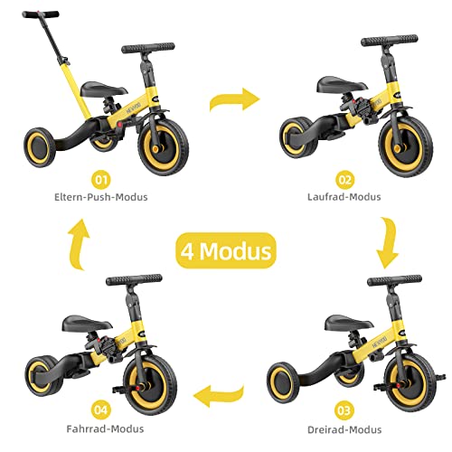 newyoo Triciclo 4 in 1 para Niños de 1 Año a 3 Años, Bicicleta con Pedales Extraíbles y Asiento Ajustable, Bicicletas de Equilibrio con Varilla de Empuje Orientable, Amarillo