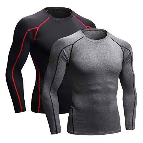 Niksa 2 Piezas Camisetas de Fitness Compresión Ropa Deportiva Manga Larga Hombre para Correr, Ejercicio,Gimnasio 1059 (X-Large(Fit Chest 38.5"-40.5"), (Manga Larga) Gris Negro+Negro Rojo)