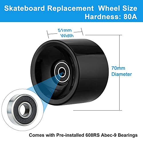 nonmon 4Pcs Ruedas de Skateboard Longboard 70MM 80A con 8Pcs Rodamientos ABEC-9 608RS,Repuesto Set,Wheels con Bearings para Monopatín Cruiser Pennyboard Waveboard,Bueno para Principiantes,Nero