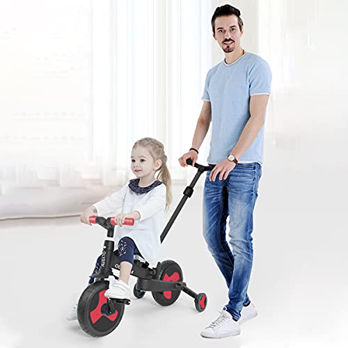 OLYSPM 5 en 1 Triciclo Bebé Plegables Bicicleta sin Pedales para 1-6 Años Niños,Triciclo para Bebes con Pedales Desmontables y Ruedas Auxiliares,Triciclo Evolutivo(Rojo)