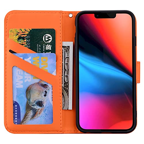 ONETHEFUL iPhone 13 Mini Funda Cartera Carcasa Flip Cover Libro Case Fundas Protectoras de Piel Sintética para el Teléfono iPhone 13 Mini Naranja