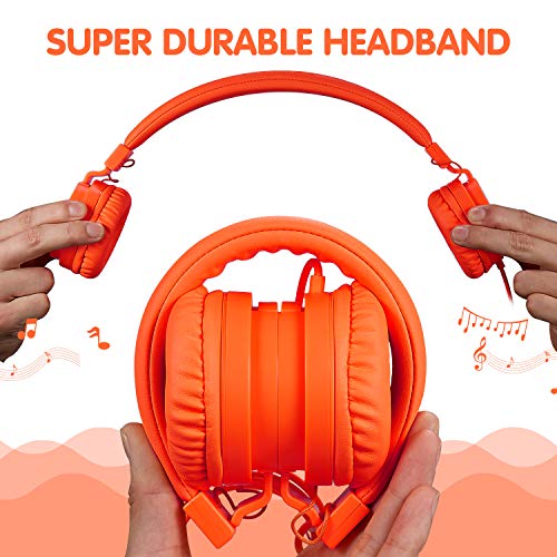 ONTA® Auriculares para Niños,Plegable Cómodos Auriculares Niños con Seguro Material,Auriculares Infantiles con Ligera Diadema,Estéreo Cerrados Cascos para Niños -Naranja