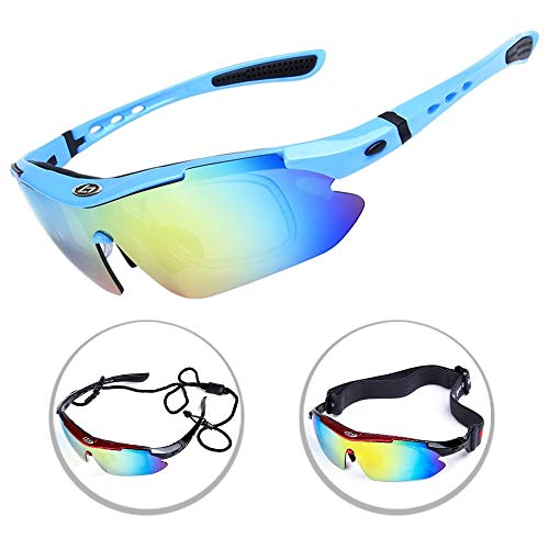 OPEL-R Gafas Ciclismo Motocross Anti-UV400 Gafas De Sol Polarizadas 5 Lentes para MTB Correr, Pescar, Conducir, Deportes Al Aire Libre,Fluorescent Blue