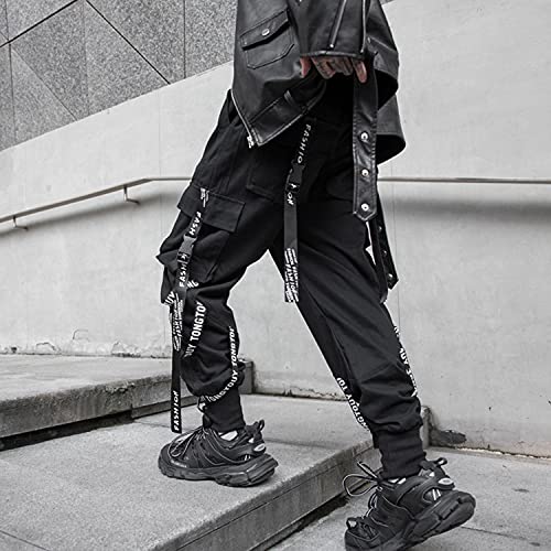 Pantalones deportivos Punk Cargo Baggy Techwear Hip Hop Harem Streetwear tácticos para hombre, Negro-15, Large