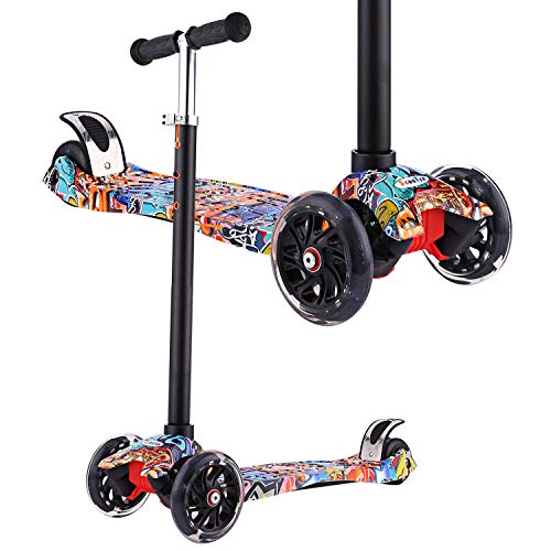 Profun Patinete 3 Ruedas Patinete para Niños Scooter con 4 Ruedas Flash Patinete con Luces Altura de Manillar Ajustable de 77CM a 87CM Ideal para Niños de 3 - 10 años(Menores de 1,4 m)(Graffiti 5)