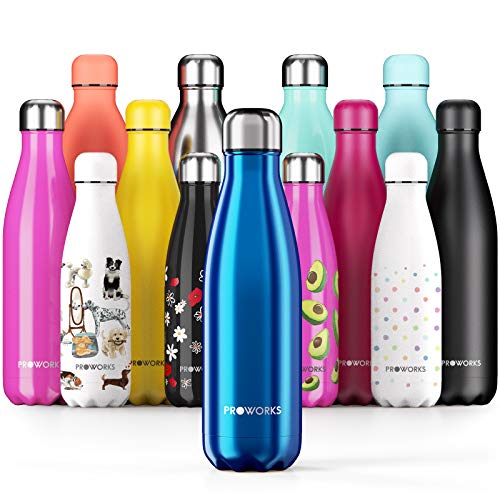 Proworks Botellas de Agua Deportiva de Acero Inoxidable | Cantimplora Termo con Doble Aislamiento para 12 Horas de Bebida Caliente y 24 Horas de Bebida Fría - Libre de BPA - 1L - Azul Metalizado