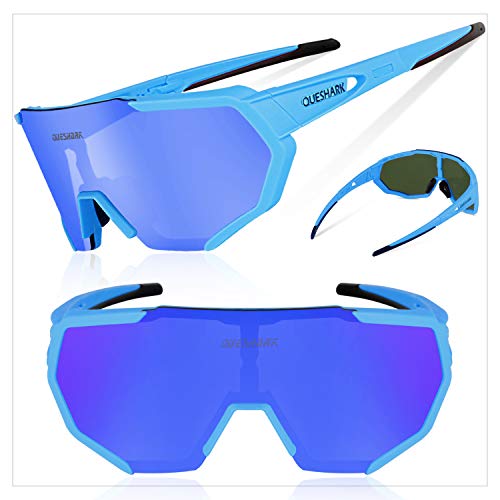 Queshark Gafas De Sol Polarizadas para Ciclismo con 3 Lentes Intercambiables, Protección UVA & UVB, Bicicleta de Carretera MTB Gafas de Ciclismo,Certificación CE