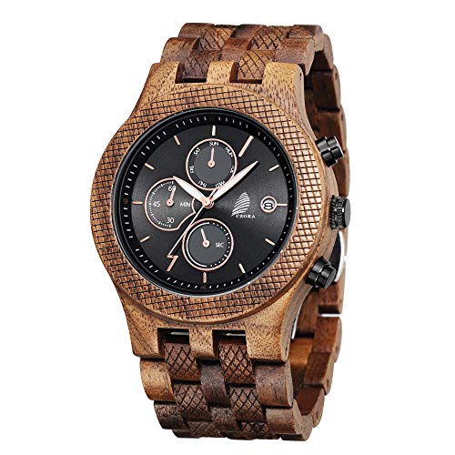 Reloj De Madera para Hombres, CZOKA Reloj de Movimiento de Cuarzo japonés con Pantalla analógica para Hombres con Pulsera de Pterocarpus soyauxii sándalo (Black Walnut)