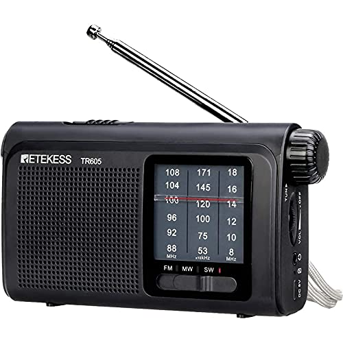 Retekess TR605 Radio Portátil, Radio Analógica AM SW FM, Batería Recargable 1200 mAh, con Linterna de Emergencia, Dial de Pantalla Grande, Perilla de Sintonización Cilíndrica, para Personas Mayores