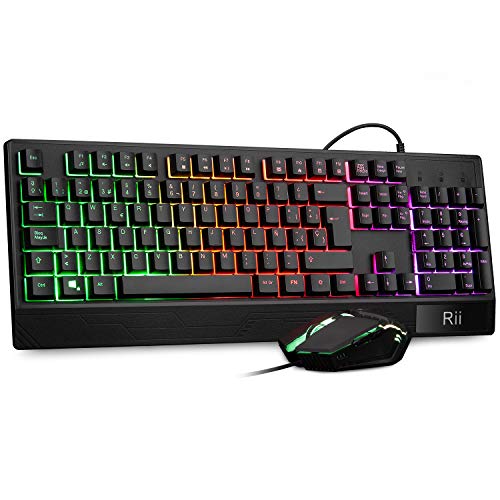 Rii Teclado Gaming RM400 Combo Rainbow Retroiluminación,Teclado y Ratón con Cable,ratón Gaming,12 eclas Multimedia y 19 Teclas Anti Fantasma para Windows/Vista/Linux/Mac （Teclado Español,Negro）