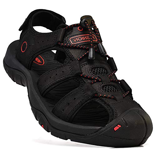 Rismart Hombre Punta Cerrado Gancho y Bucle Al Aire Libre Excursionismo Cuero Zapatos Sandalias y Chanclas SN1509(Negro,EU42)