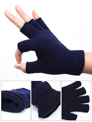 SATINIOR 2 Pares de Guantes sin Dedo Unisex Guantes de Invierno de Mitad de Dedo Guantes de Punto Elásticos con Tamaño Estándar (Azul Marino)