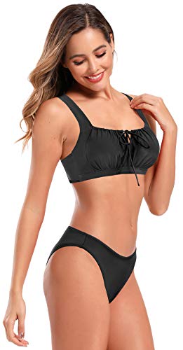 SHEKINI Bañador de Dos Piezas Mujer Pliegues Retro Drawstring Ties up Halter Correa de Hombro Ajustable Cintura Baja Triángulo Bottom Bikini de Dos Piezas Playa (L, Negro)