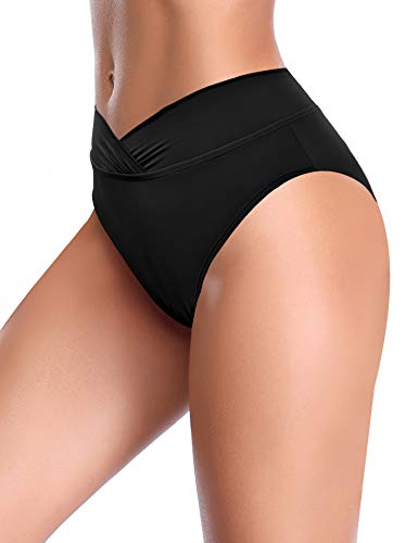 SHEKINI Traje de Baño para Mujer Abdominal Cintura Alta de Bikini Pantalones de natación Ruched Color Sólido Bañadores Retro Ropa de Playa Bikini Bragas (Negro B, Large)