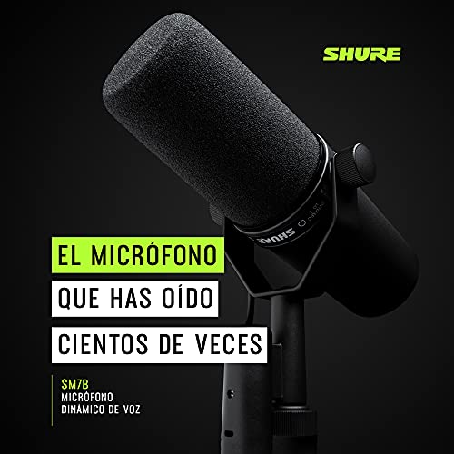 Shure SM7B Micrófono Dinámico Para Retransmisiones, Podcasts y Grabación, Micrófono de Estudio XLR para Música y Voz, Amplio Rango de Frecuencias, Sonido Cálido y Suave, Paravientos Desmontable, Negro