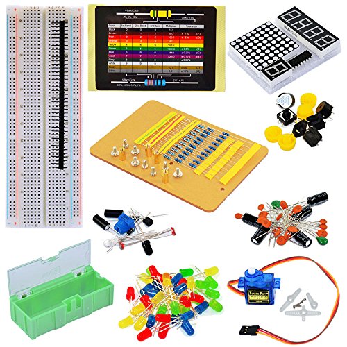 Tolako Kit de inicio de componentes electrónicos para Arduino Breadboard, LED, matriz de puntos, resistencia, condensador, placa de pruebas