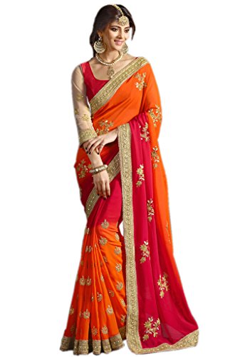 Try n Get's Orange and Red Color Georgette Fancy Designer Saree