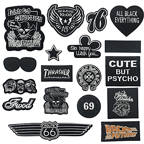 Woohome 18 Pz Patch Sticker, Insignia Parche Termoadhesivo, Retro Blanco y Negro Parche de Hierro en Patches para Mochila, Gorras, Ropa