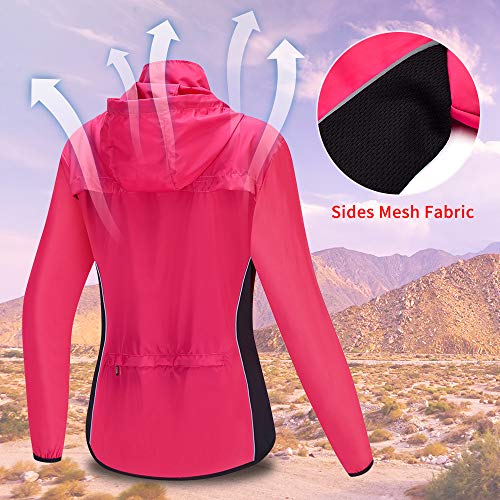 WOSAWE Cortavientos con Capucha para Montar para Mujer Jersey de Ciclismo Ligero Resistente al Viento Impermeable Deportes de Carreras Secado rápido(Rojo M)