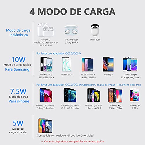 yootech Cargador Inalámbrico Rápido,7.5W para iPhone 13/13Pro/13Mini/13ProMax/12/12Mini/12Pro/12ProMax/SE2020/11/11Pro/11ProMAX/XS MAX/XR/XS/X,10W para Galaxy S21/S20/S10E/S9,Note 10/9/8,AirPods Pro