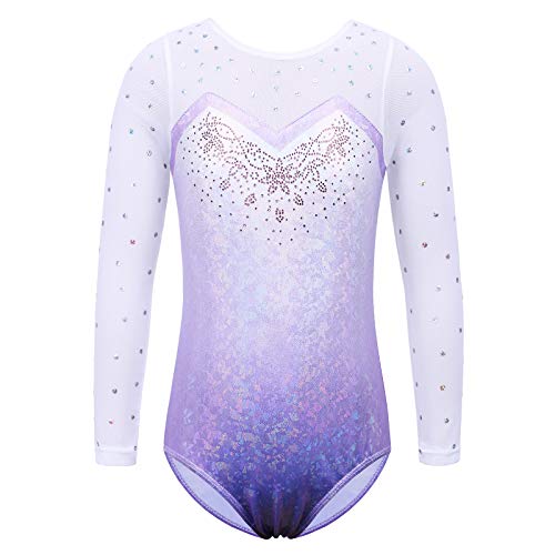 ZNYUNE Niña Maillots de Gimnasia Mangas Largas con Lentejuelas en Tul 268 Morado 12A