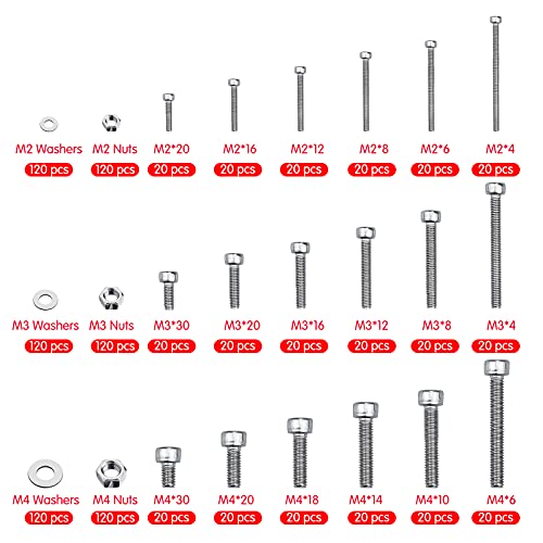 1080 Pz Juego de Tornillos y Tuercas Juegos de Tuercas y Pernos M2 M3 M4 M5 Cabeza de Acero Inoxidable Tornillos Tuercas y Arandelas Juego de Surtido de Tornillos de Cabeza Hueca Hexagonal