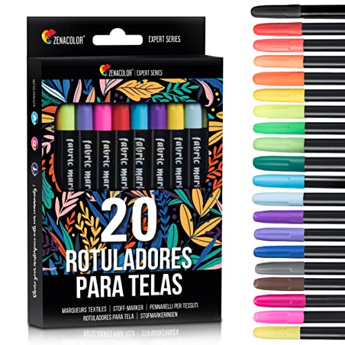 20 Rotuladores para Tela Zenacolor - Tinte Ropa No Tóxica y Indeleble, Rotulador Permanente con Punta Fina - Perfecto para Camisetas Blancas, Bolsas, Tote Bag y Otros Tejidos.