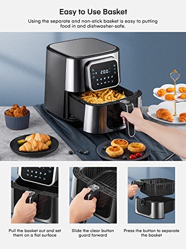 5.5 litros Freidora sin Aceite caliente, Airfryer de 1700W de Acero Inoxidable, 8 Presets, 40+ Receta, Tiempo y Temperatura Ajustables, Pantalla LED, sin Aceite