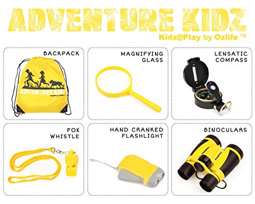 Adventure Kid - Kit de exploración al aire libre, mochila amarilla, prismáticos, lupa, brújula lenática, antorcha, silbato de zorro para niños y niñas