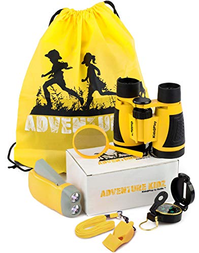 Adventure Kid - Kit de exploración al aire libre, mochila amarilla, prismáticos, lupa, brújula lenática, antorcha, silbato de zorro para niños y niñas