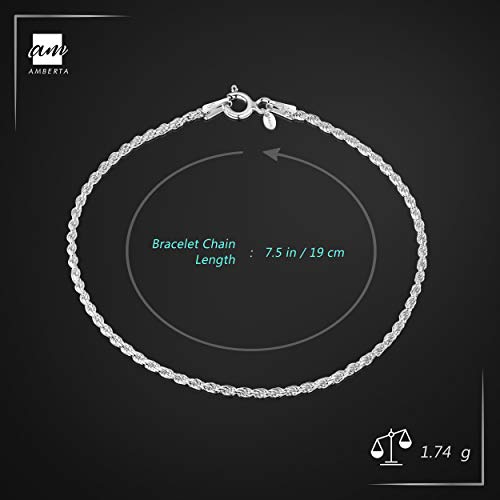 Amberta® Joyería - Pulsera - Fina Plata De Ley 925 - Cadena de Soga (Corda) - 1.5 mm - 18 19 cm (19cm)