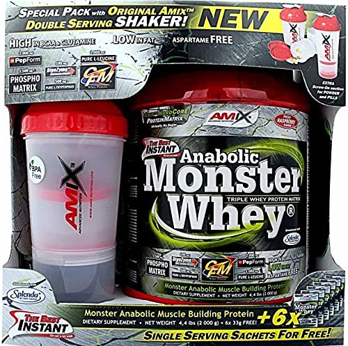 Amix - Anabolic Monster Whey - Suplemento Alimenticio, Favorece el Incremento de la Masa Muscular, Mejora la Recuperación Muscular, No Contiene Cafeína, Sabor Fresa - 2 Kilos