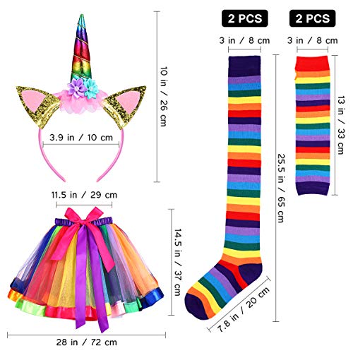 Amosfun Falda de Tutú Arcoiris Vestido de Gasa Falda de Princesa Diadema de Unicornio Medias Guantes Medias de Arcoiris Disfraz de Carnaval