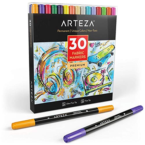 Arteza Rotuladores para tela | Juego de 30 colores | Marcadores permanentes de doble punta para colorear ropa vaquera, camisetas, zapatillas de deporte, mochilas, cazadoras y más