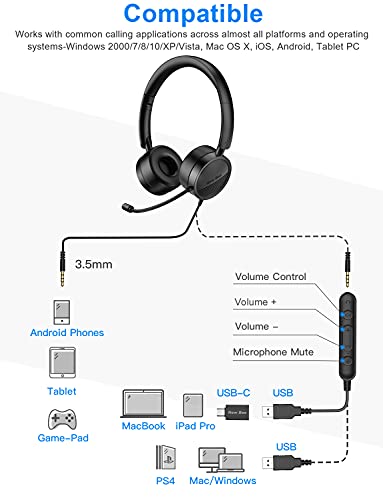 Auriculares Micrófono PC Auriculares Telefono USB/3.5mm Cancelación de Ruido & Sonido estéreo Claro Cascos Business para Skype Softphone Centros de Llamadas Cursos Online