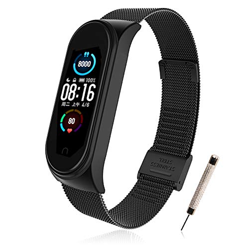 BANGTING Correa Acero Compatible con Pulseras Xiaomi Mi Band 5, Correas para Fundas Mi Fit Band 5 My Band 5 Inteligente Funda Miband5 Pulsera Reloj Metal Acero Inoxidable Banda Reemplazo (Negro)