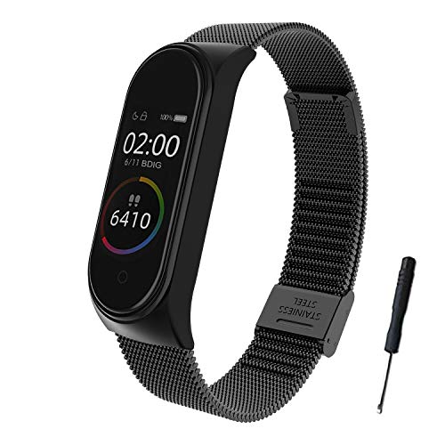 BDIG Correa Compatible para Xiaomi Mi Band 4 Correas Metal, Pulsera de Acero Inoxidable Agradable para Mi Band 4 Correa (No Host) (Melan Negro)