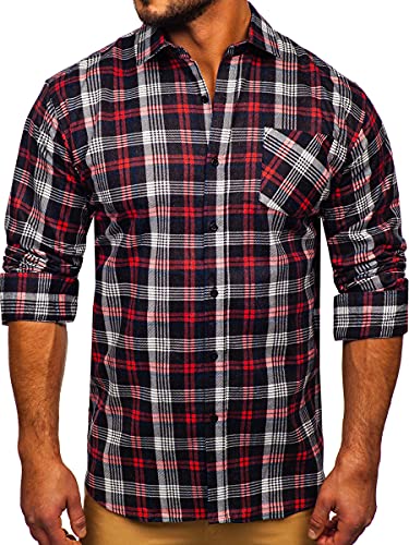 BOLF Hombre Camisa de Flanela a Rayas a Manga Larga Cuello Italiano Abotonada Camisa de Algodón versátil Camisa univeral Slim fit Shirt Ocio Outdoor Estilo Casual F2 Rojo XL [2B2]