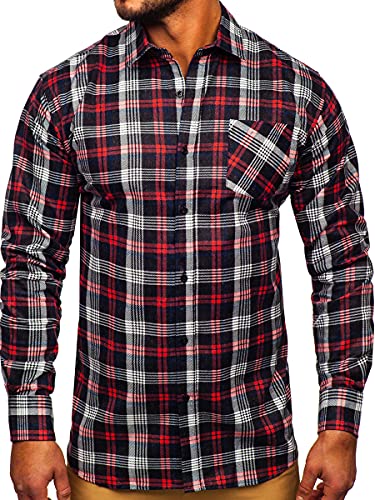 BOLF Hombre Camisa de Flanela a Rayas a Manga Larga Cuello Italiano Abotonada Camisa de Algodón versátil Camisa univeral Slim fit Shirt Ocio Outdoor Estilo Casual F2 Rojo XL [2B2]